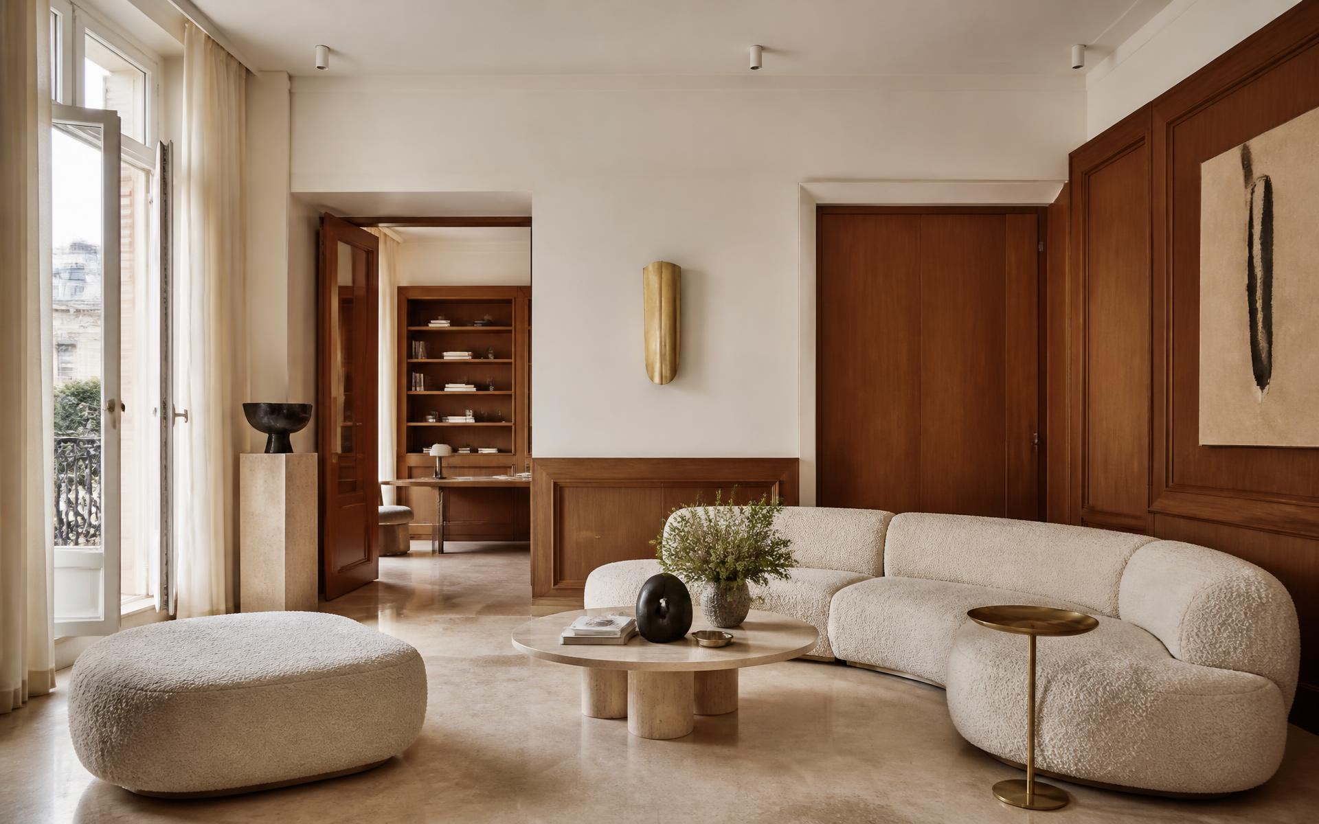 Ivory living room with walnut panelling, travertine floor and curved bouclé seating designed by Maison Quari Vera in Marbella